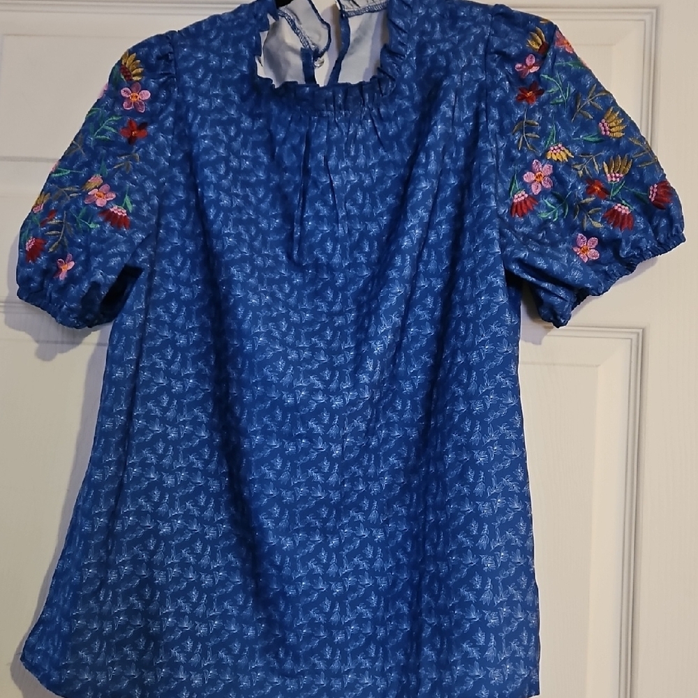 Blue Floral Embroidered Blouse